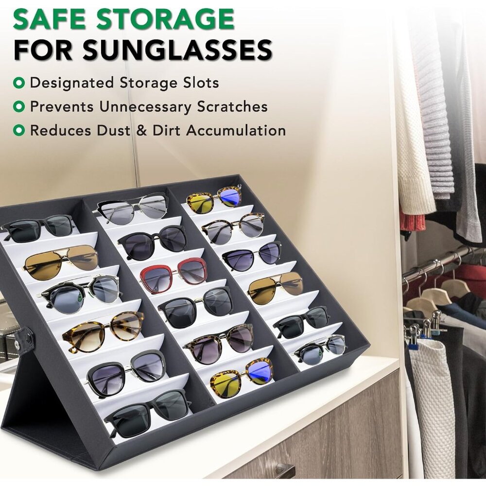 18 Slot Sunglasses Organizer Box Stand Display Case/Tray, Fabric Lined & Snap Cl - Picture 4 of 5